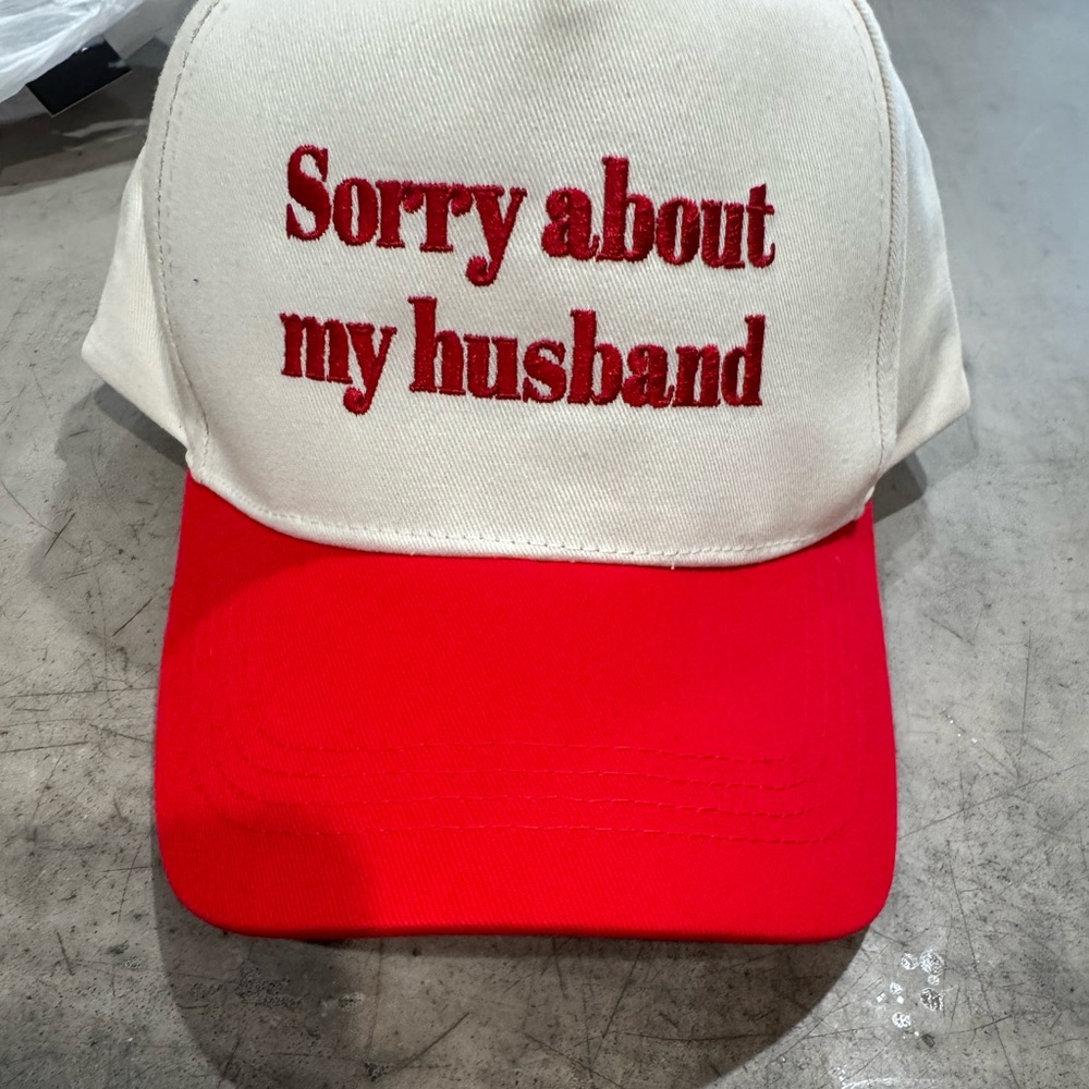 Red and Winter White Trucker Hat with Embroidered red “sorry about my husband”😆